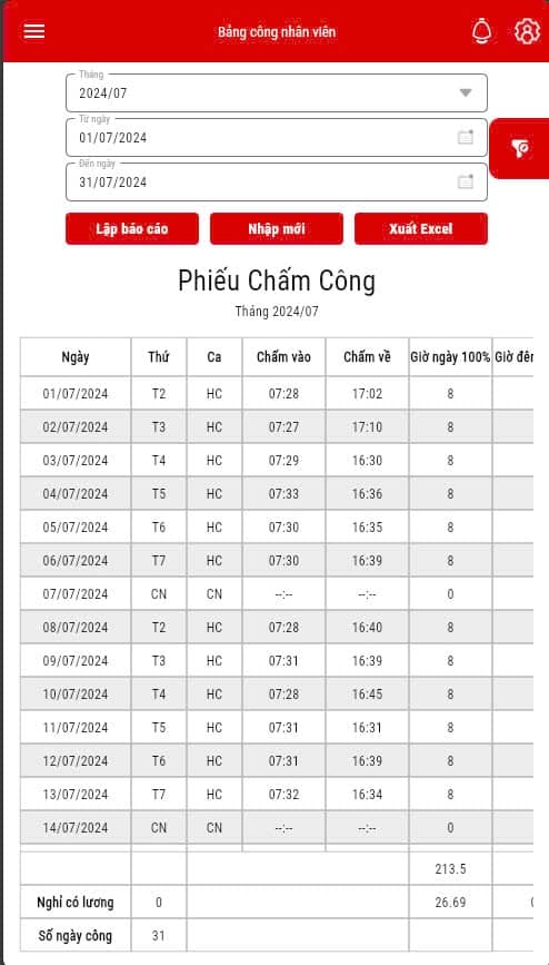 Bảng chấm công chi tiết trên Mobile Bảng chấm công chi tiết trên Mobile