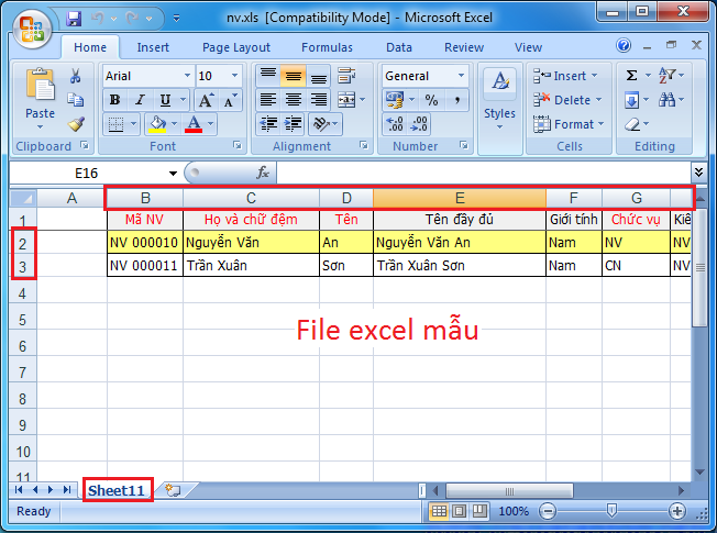 Nhập nhân viên từ file Excel